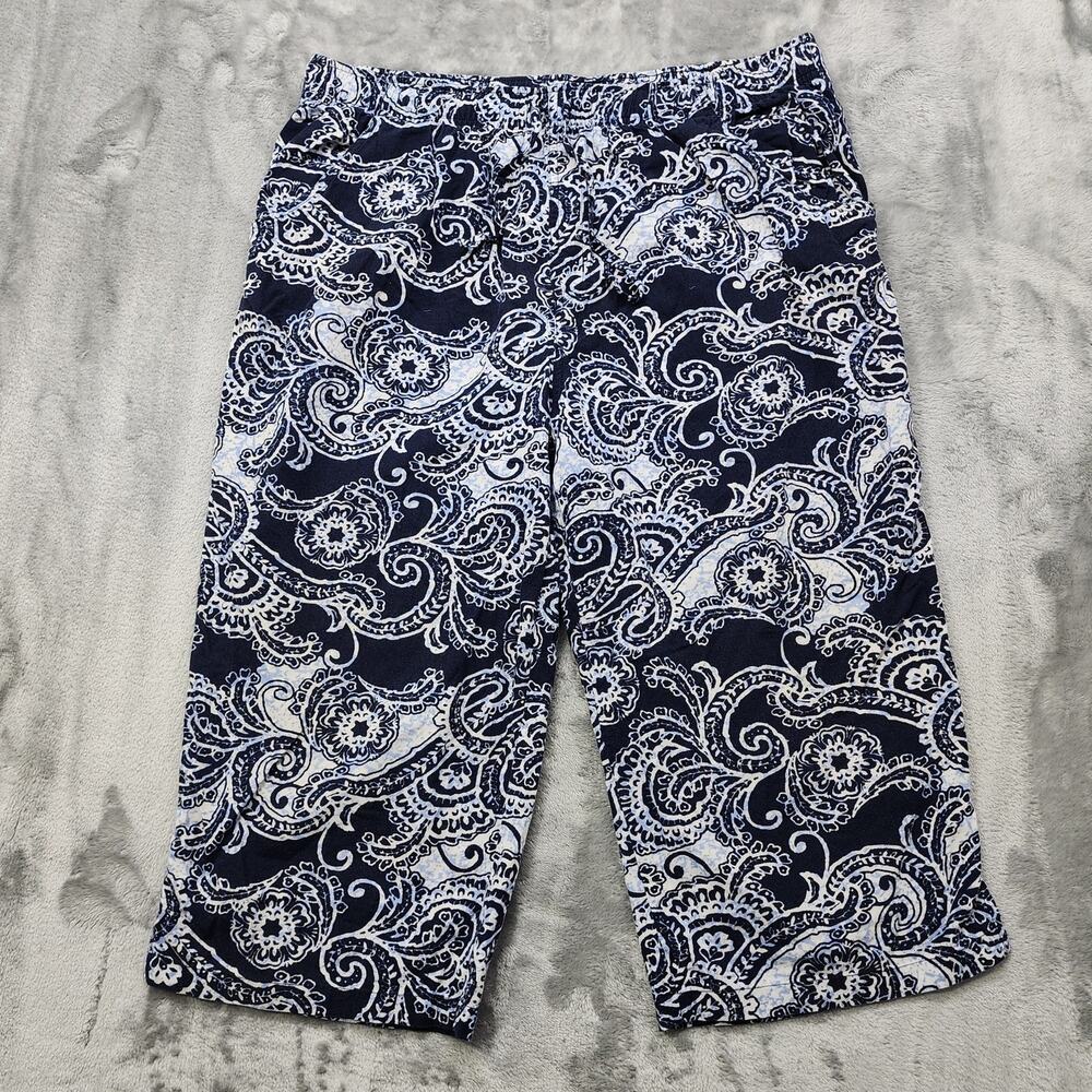 Karen Scott Pants Womens L Blue Floral‎ Pull On Crop Capri Casual